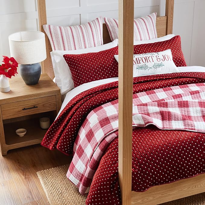 Levtex Home - Cross Stitch Velvet Red Quilt Set - King Quilt + Two King Pillow - Image 3
