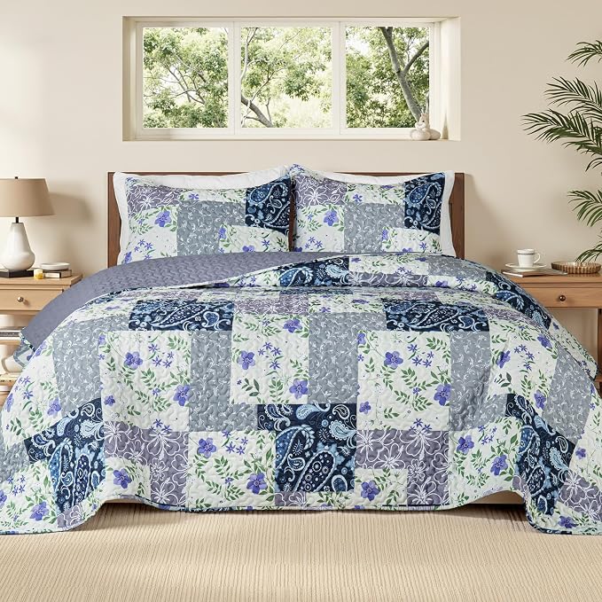 Whale Flotilla Patchwork Quilt King Size, Soft Boho Floral Bedspreads by WHALEFLOTILLA