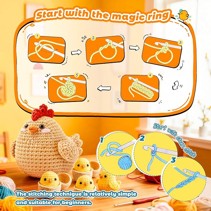 Joyclub Crochet Kit for Beginners 4 Pcs Chicken Family Amigurumi Crochet - Image 4