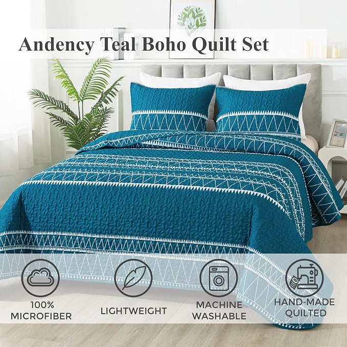 Andency Teal King Size Quilt Set, 3 Pieces Boho Lightweight Soft Striped - Image 2