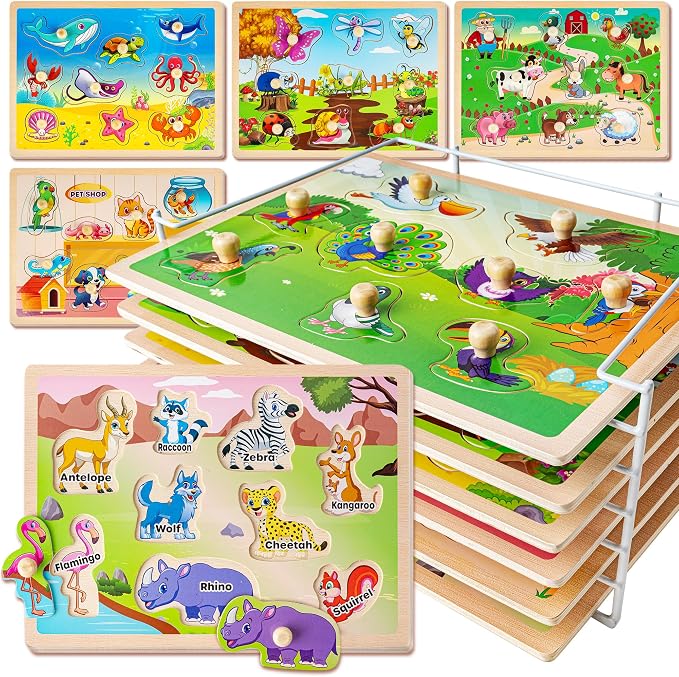 SYNARRY Wooden Puzzles for Toddlers 1-3, 6XSET Animals Puzzles for Toddlers 2-4 by SYNARRY
