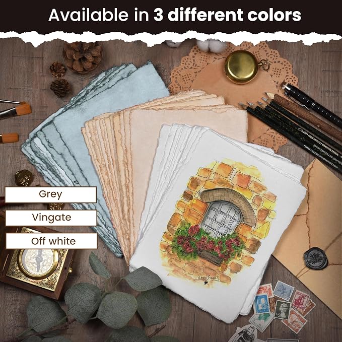 LEATHER VILLAGE Offwhite Deckled Edge Handmade Watercolor Paper 6x8 | 50 Sheets - Image 9