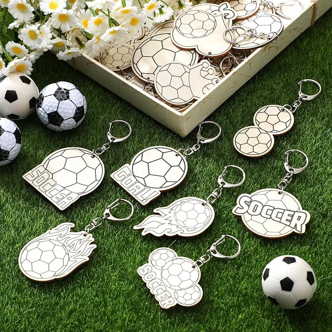 RattanView 24 Pcs Soccer Craft Color Your Own Keychains Diy Craft Wooden Blank - Image 2