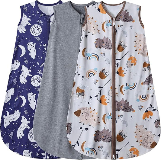 3 Pack Baby Sleep Sack 100% Rayon Cotton Baby Sleeping Bag 2-Way Zipper Toddler Wearable Blankets TOG 0.3. (Fox&Dinosaurs&Dark gray, 6-12 Months)