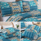 Mybedsoul Dusty Blue Quilt Set King Size, 3 Pieces Plaid Floral Bedspread Set - Image 5