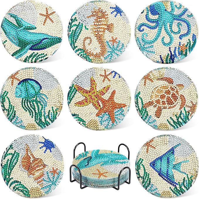 UPINS Ocean Diamond Art Painting Coaster Kit, Non Slip Coaster Art Supplies by UPINS