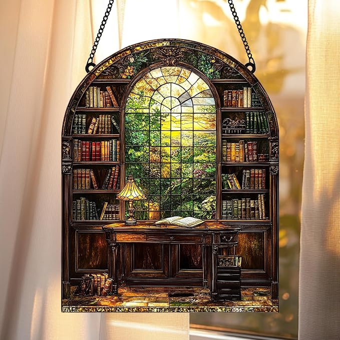 Bookshelf Acrylic Suncatcher Window Hanging Faux Stained Glass Bookish Decor - Image 4