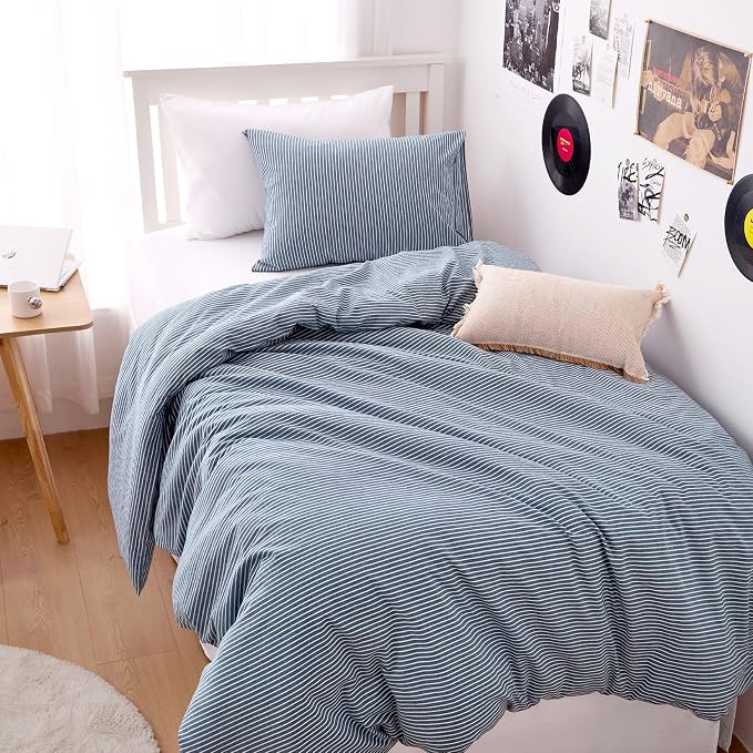 Wake In Cloud - Striped Cotton Duvet Cover Set, 100% Washed Cotton Textured by WakeInCloud