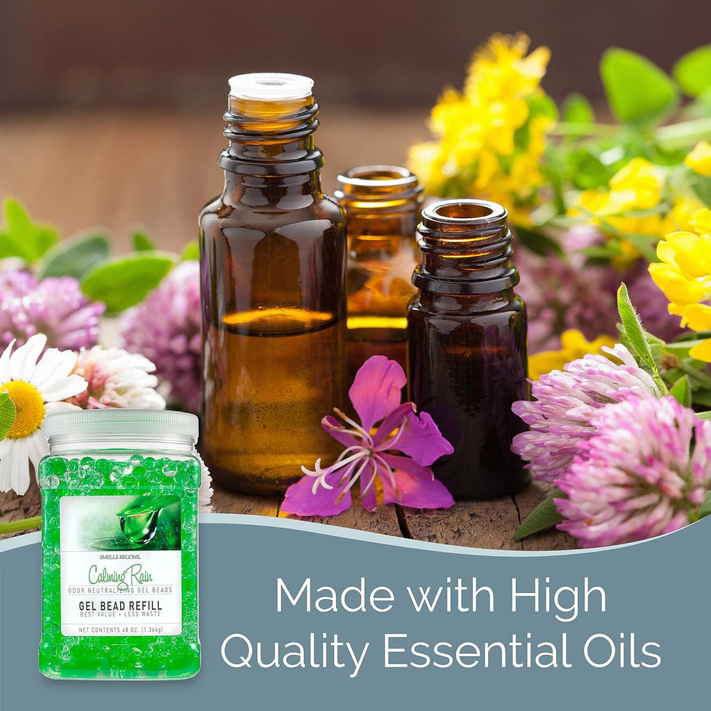 SMELLS BEGONE Odor Eliminator Gel Bead Value Pack - 72 oz - Air Freshener Eliminates Odors in Bathrooms, Pet Areas, Boats, RVs & Cars - Made with Essential Oils - Calming Rain Scent