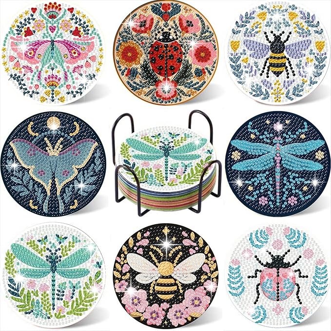 Gemozaic 8PCS Diamond Art Coasters Kit, Insects Diamond Painting Coasters by Gemozaic