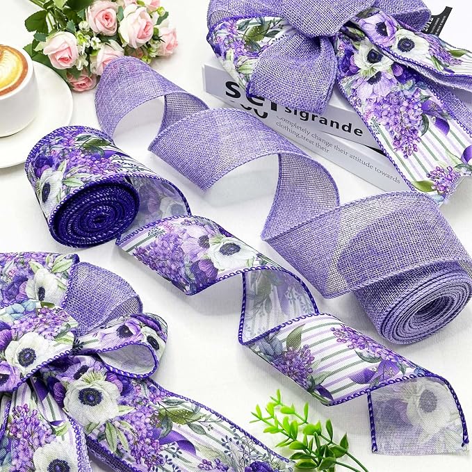 2.5 Inch Purple Floral Wired Edge Ribbon, Decorative Fabric Craft Ribbon - Image 6