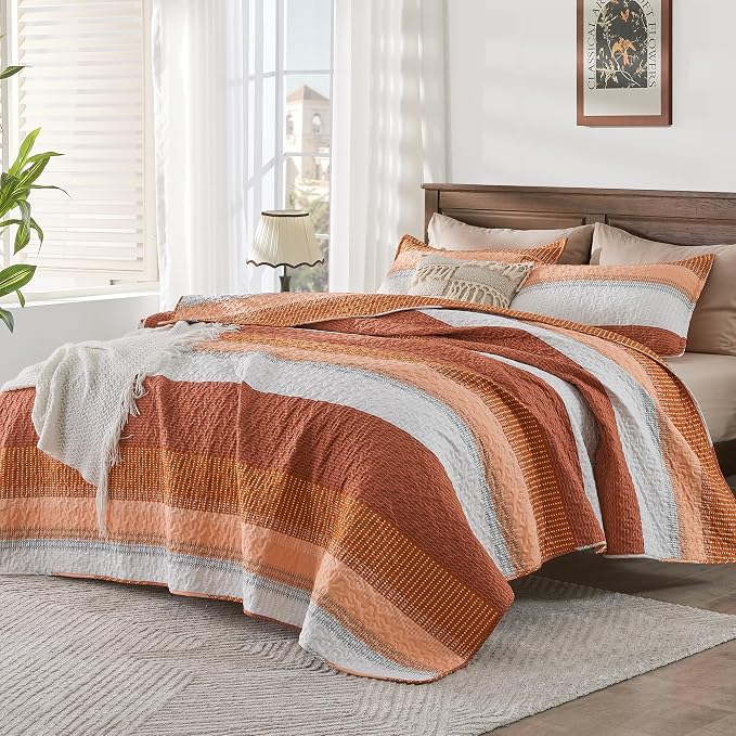 Andency Orange Quilt Cal King, 3 Pieces Patchwork Striped Bedspread Coverlet Set - Image 4