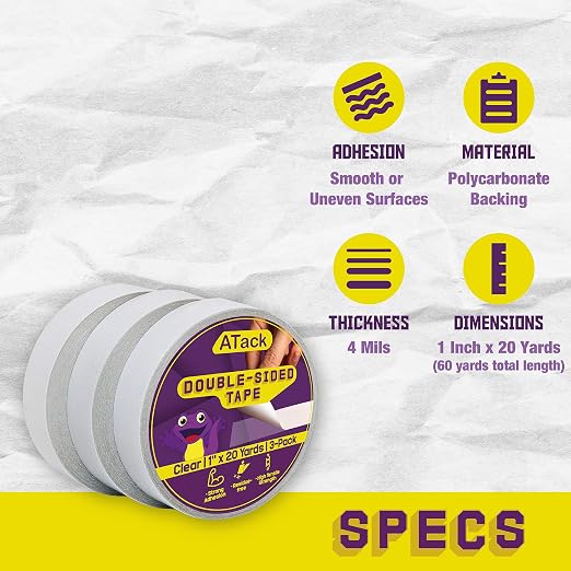 ATack Clear Double-Sided Tape, 1 Inch x 20 Yards, Tear by Hand, Wall Safe Heavy - Image 2