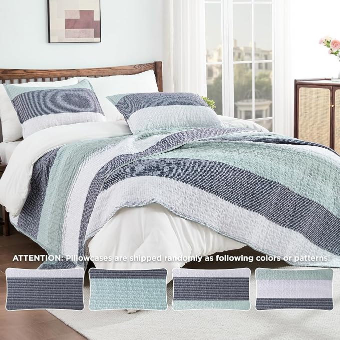 Andency Stripe Quilt Set Twin, 2 Pieces Mint Green Patchwork Striped Bedspread - Image 4