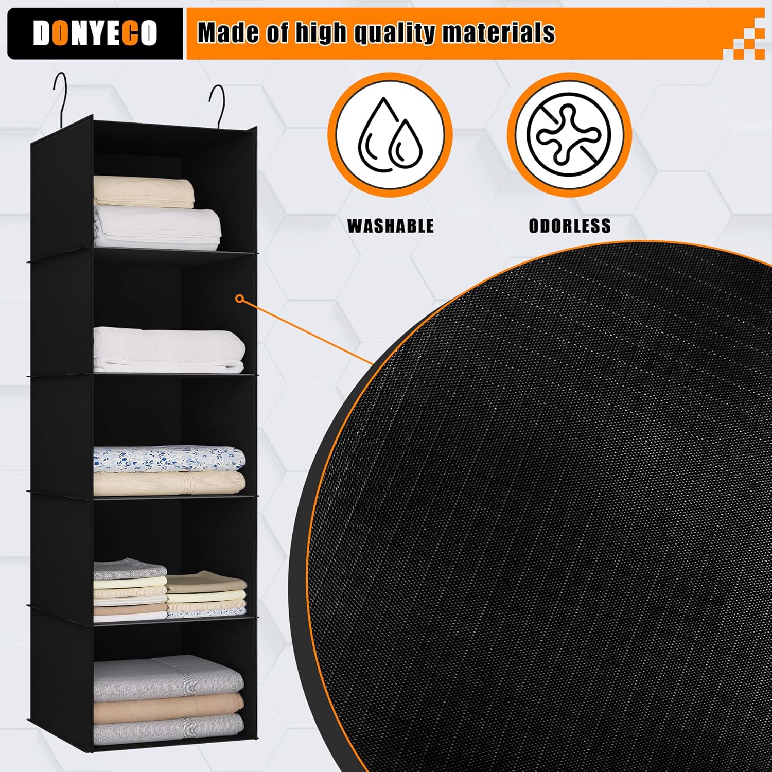 Hanging Closet Organizer and Storage 5-Shelf, Easy Mount Foldable Hanging Closet Wardrobe Shelves, Clothes Handbag Shoes Accessories Storage, Washable Oxford Cloth Fabric, Black