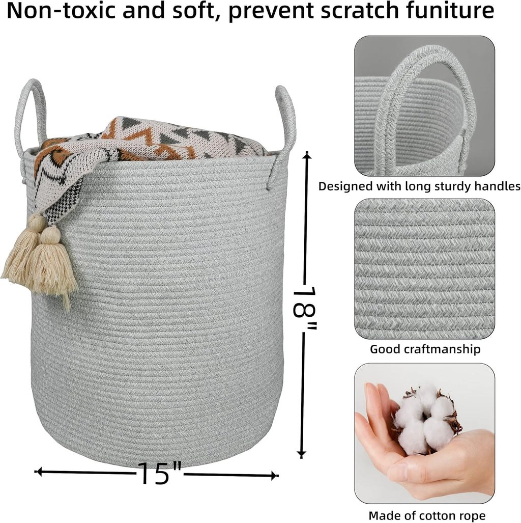 Cotton Rope Laundry Basket Hamper for Clothes Woven Storage Basket for Living Room Bedroom Boho Tall Rope Baskets for Blanket Toys Pillow Towels Baby Nursery Hamper Bin Large light grey