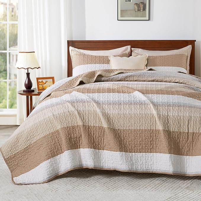 Andency Taupe Striped Quilt King, 3 Pieces Patchwork Bedspread Coverlet Set by Andency