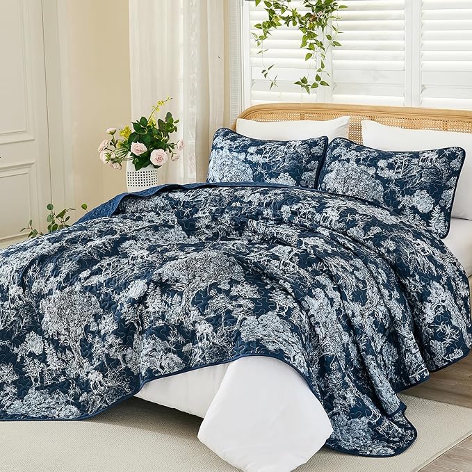WONGS BEDDING Quilt Set King Size, 3 Pieces Navy Blue Botanical Floral Printed - Image 5