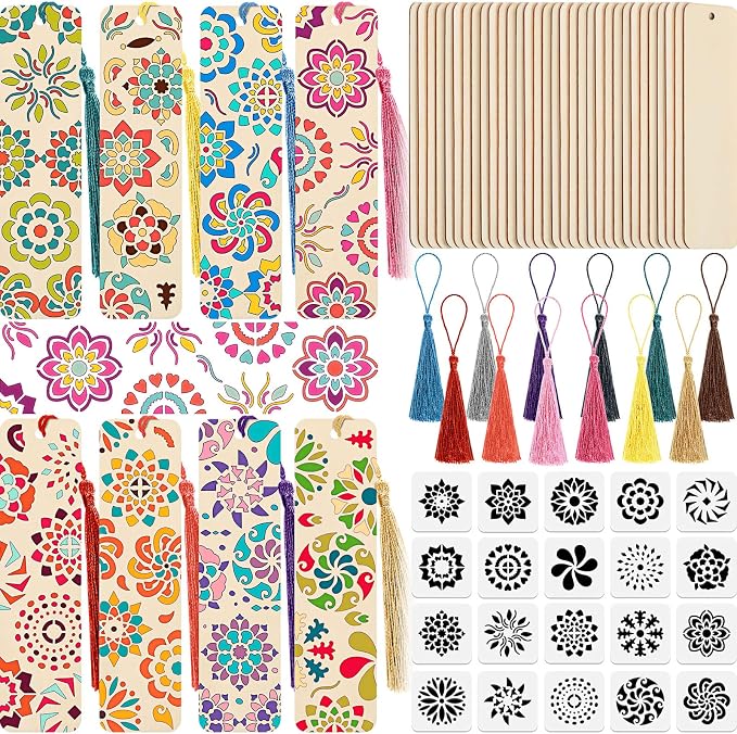 TaoBary 92 Pcs 4.8 x 1.3 Inch Flower Wood Bookmark Making Kit Includes 36 by TaoBary