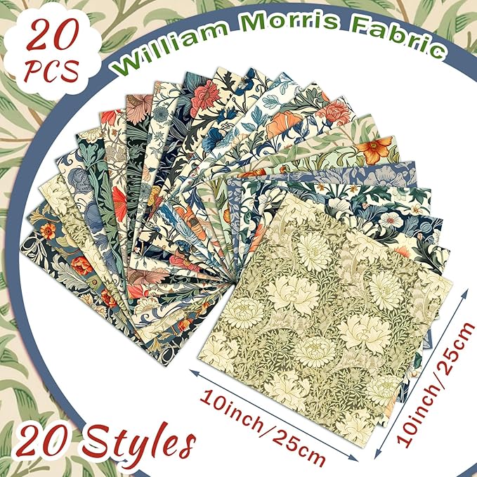 HunnmingRe 20 Pcs 10''x10'' William Morris Flower Quilting Fabric Square - Image 2