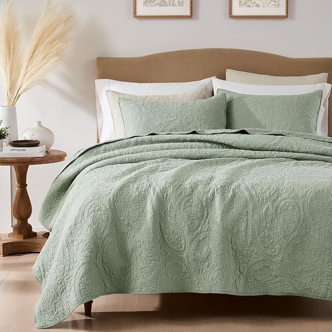 palassio Sage Green Paisley 100% Cotton Quilt Twin Size Bedding Sets by PALASSIO