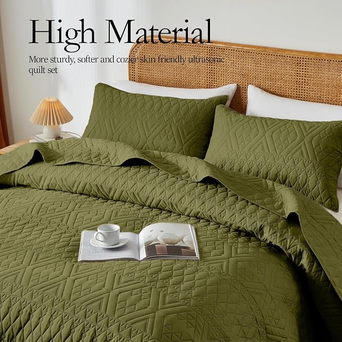 akkialla Twin Size Quilt Bedding Set, Olive Green Lightweight Microfiber Soft - Image 3