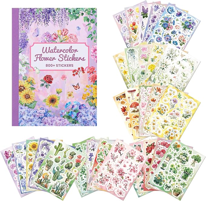 800+ PCS Floral Sticker Book for Journaling Supplies, Leaf Flower Watercolor by emmoolife