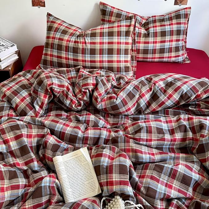 mixinni Vintage Red & Brown Buffalo Plaid Duvet Cover Set Twin XL Size - Image 9
