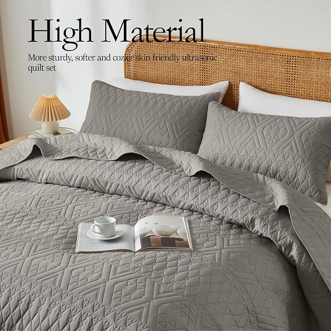 akkialla King/Cal King Size Quilt Bedding Set, Dark Grey Lightweight Microfiber - Image 3
