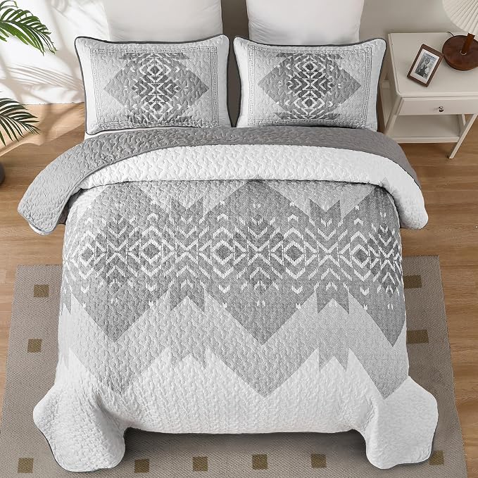 Dintszyayue Grey Quilt Set Queen Size 3 Pieces Boho Aztec Quilt Set Queen Gray - Image 2