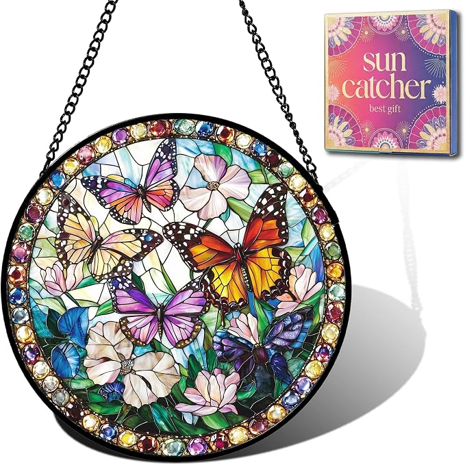 Butterfly Flower Acrylic Suncatcher Faux Stained Glass Window Hanging 7.8" | by Unknown