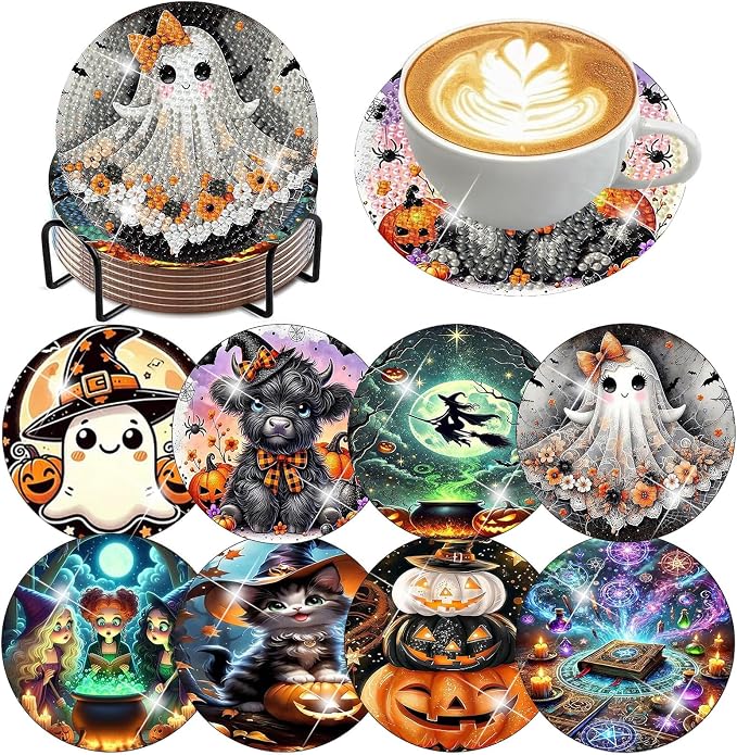 Axquilon 8 Pcs Halloween Diamond Art Coasters Kit by Axquilon