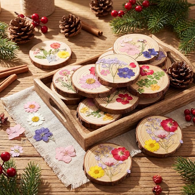 20 Set DIY Wooden Crafts with Dried Pressed Flowers Leaves Unfinished Wood - Image 4