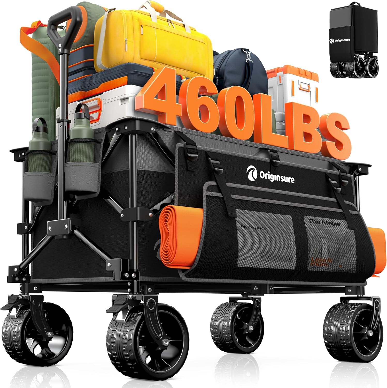 220L Collapsible Wagon Cart Foldable, 460lbs Load Capacity Heavy Duty Folding Beach Wagons with Big All-Terrain Wheels, Utility Carts for Groceries, Shopping, Camping, Sports - Grey&Black