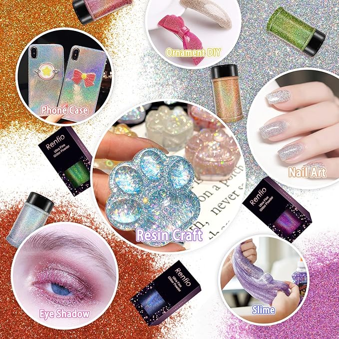 Renfio Holographic Ultra Fine Glitter Powder Metallic Resin Glitter 2.11 Oz PET - Image 5