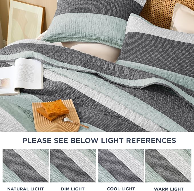 Litanika Quilt King Size Sage Green, Stripe Patchwork Summer Bedspread Coverlet - Image 6