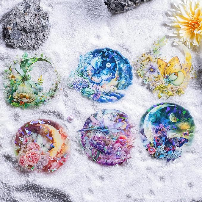 Yoksas 60Pcs Holographic Fantasy Butterfly Dragonfly Moon Stickers - Image 2