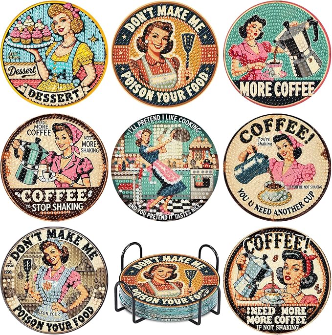 8Pcs Retro Housewife Diamond Art Coasters Kit, Vintage Coffee Diamond Painting by Fotasmua