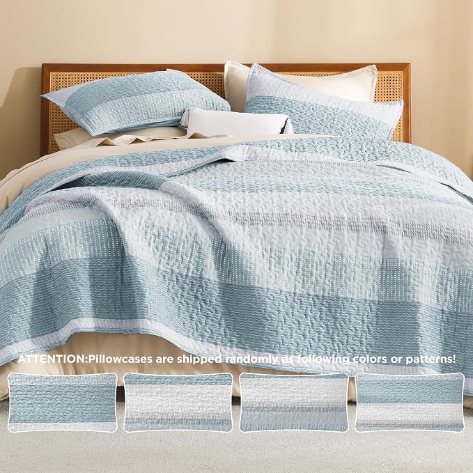 Litanika Quilt King Size Spa Blue, Stripe Patchwork Summer Bedspread Coverlet 3 - Image 5
