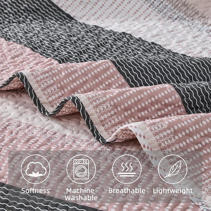 Andency King Size Quilt Set Grey Pink, 3 Pieces Summer Ultra Soft Lightweight - Image 5