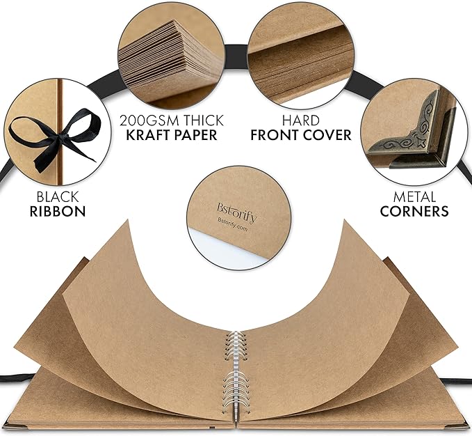 Bstorify Scrapbook Album 60 Pages Brown Thick 200gsm Kraft Paper, Photo Album - Image 3
