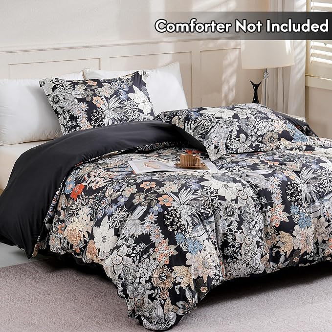 LONAVA King Flower 3 Pcs Duvet Cover Set, Breathable Soft Microfiber Black - Image 2