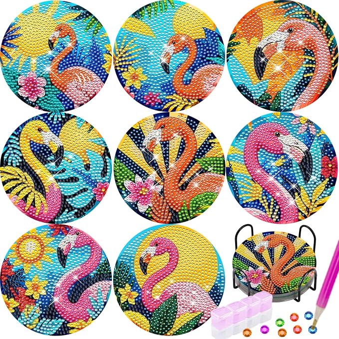 TDOOW Diamond Art Coasters 2026 8 Pcs Colorful Flamingo Diamond Painting by TDOOW