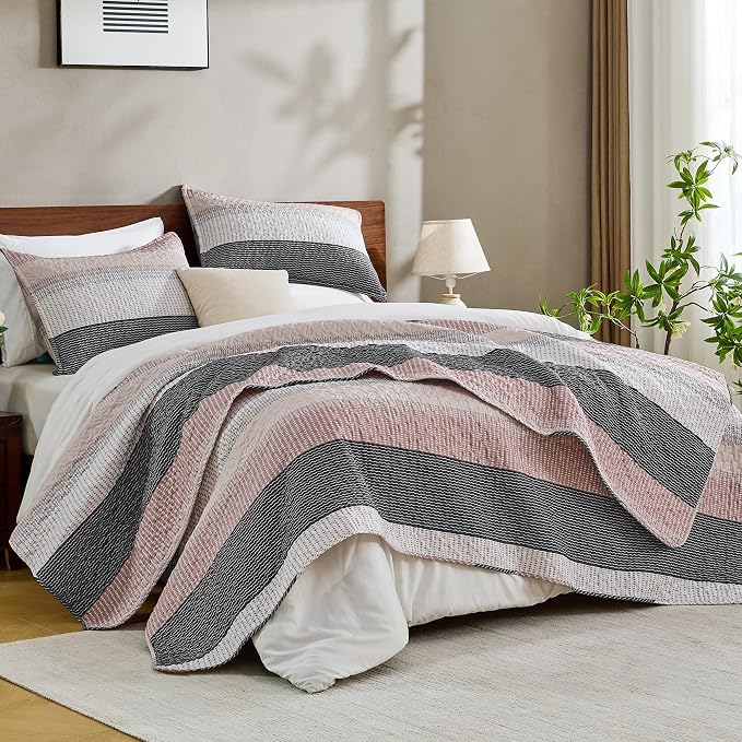 Andency King Size Quilt Set Grey Pink, 3 Pieces Summer Ultra Soft Lightweight - Image 3