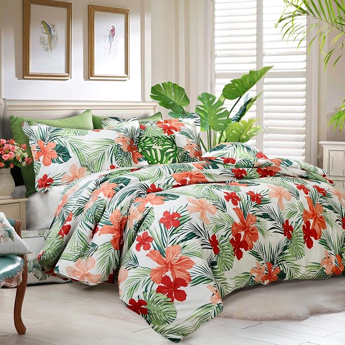 FADFAY Tropical Red Hibiscus Palm Leaves Duvet Cover Set Exotic Plants Bedding - Image 2