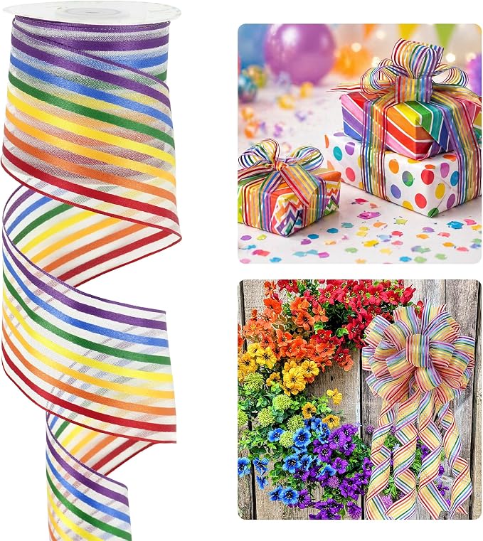 HUIHUANG Rainbow Stripe Sheer Wired Ribbon 2.5 inch Multi-Colored Stripes Wire by HUIHUANG