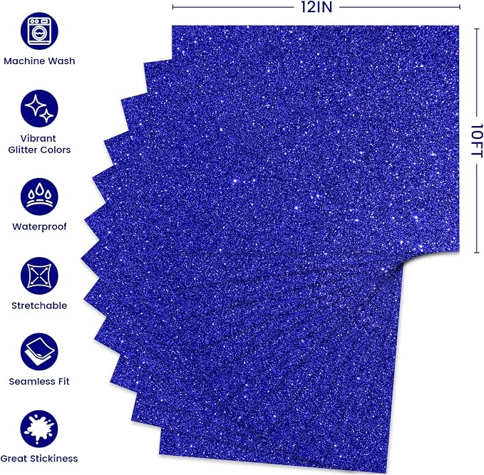 Glitter HTV Heat Transfer Vinyl, Royal Blue 12pcs 12" x 10" Iron-on Vinyl | - Image 2