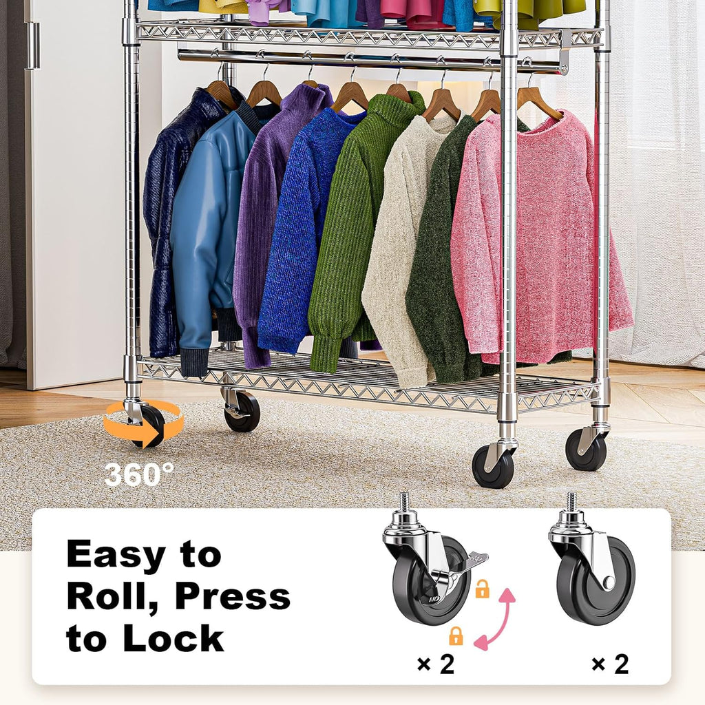 Heavy Duty Rolling Garment Rack 3 Tiers Adjustable Wire Shelving Clothes Rack with 2 Rods and Side Hooks,Storage Closet Clothing Rack with Wheels Chrome 15.7" D x 45.3" W x 79.6" H