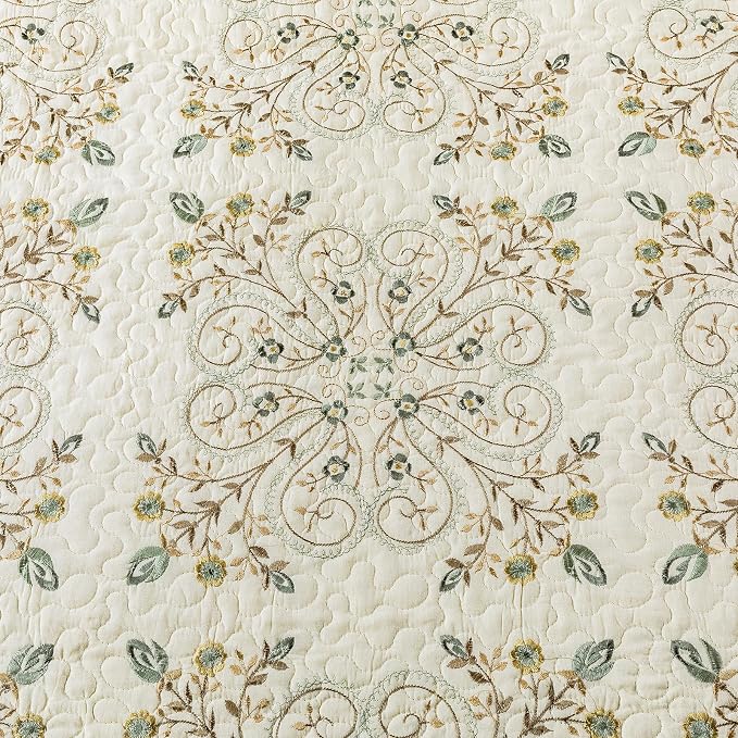 ROOMLIFE Quilt Set Full/Queen Size 3D Floral Embroidery Pattern 3-Piece Cotton - Image 3