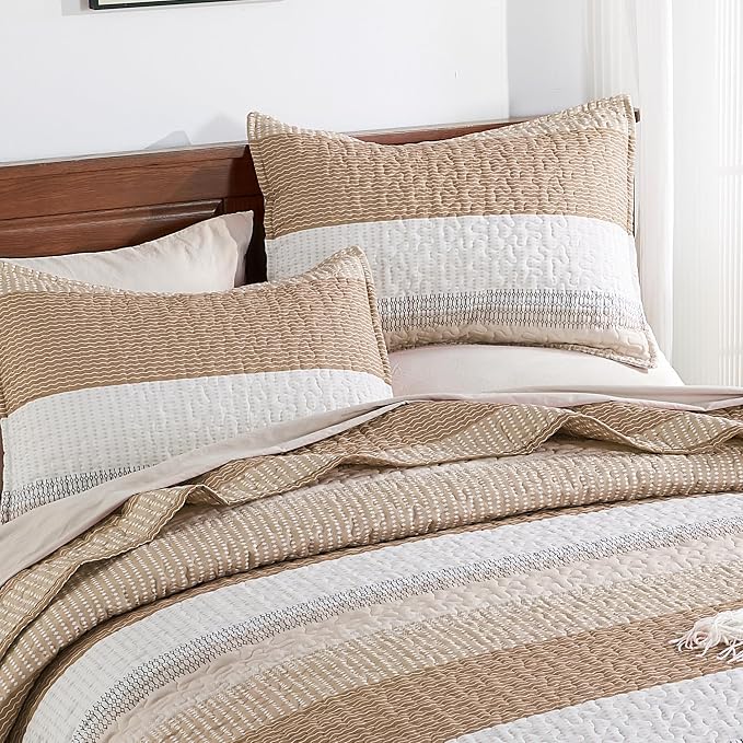 Andency Taupe Striped Quilt King, 3 Pieces Patchwork Bedspread Coverlet Set - Image 3